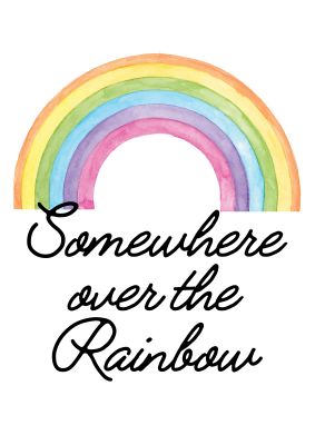 An unframed print of somewhere over the rainbow music illustration in white and rainbow accent colour