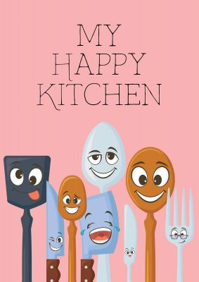 An unframed print of my happy kitchen cute in typography in pink and multicolour accent colour