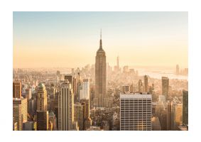 An unframed print of empire state building new york manhattan travel photograph in beige and blue accent colour
