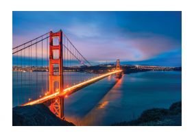 An unframed print of golden gate bridge at night san francisco travel photograph in blue and red accent colour