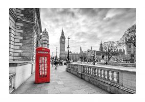 An unframed print of red telephone box london travel photograph in grey and red accent colour