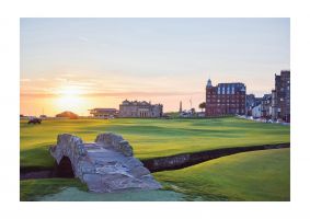 An unframed print of swilcan bridge old course at sunrise st andrews sports photograph in multicolour and green accent colour