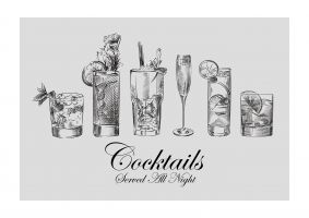 An unframed print of cocktails black white lifestyle graphic in grey and black accent colour