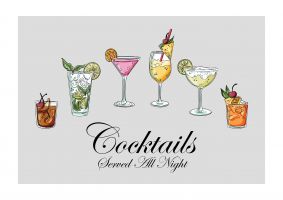 An unframed print of cocktails colour lifestyle graphic in grey and multicolour accent colour
