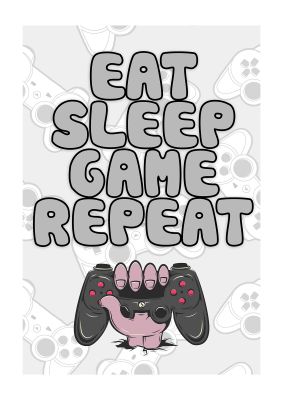 An unframed print of eat sleep game repeat kids wall art in typography in grey and pink accent colour