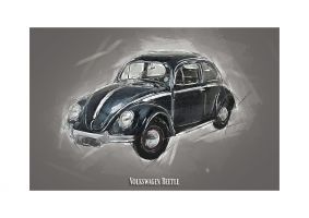 An unframed print of volkswagen beetle graphical illustration in grey and black accent colour