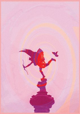 An unframed print of bold pink trippy statue swirl graphical illustration in pink and purple accent colour