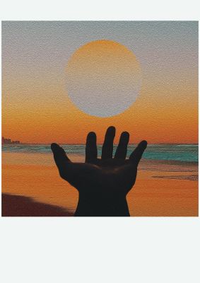 An unframed print of chasing the sun golden hour hand beach graphical photograph in orange and black accent colour
