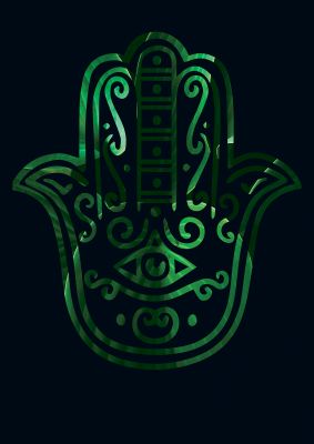 An unframed print of tropical plant hamsa hand cutout spiritual botanical illustration in black and green accent colour