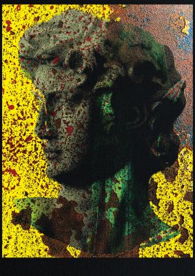 An unframed print of yellow green distressed lofi statue graphical illustration in multicolour and yellow accent colour
