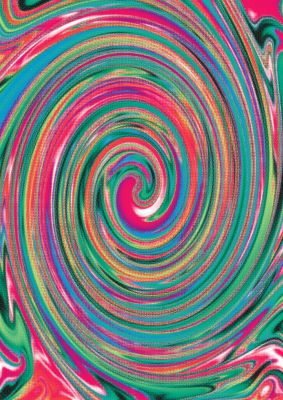 An unframed print of halftone multicolour trippy swirl graphical abstract in multicolour and green accent colour