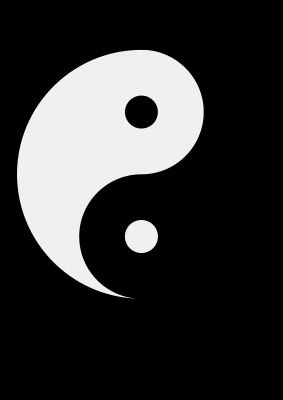 An unframed print of yin yang minimalist graphical in black and white