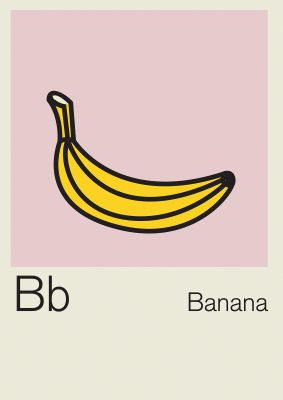 An unframed print of bold childlike fruit two banana kids wall art illustration in beige and yellow accent colour