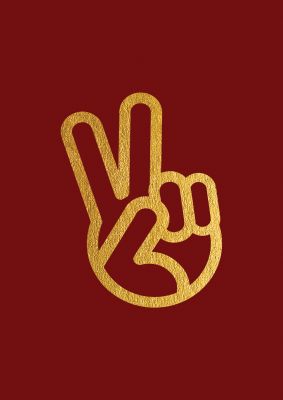 An unframed print of deep red peace sign gold graphical illustration in red and gold accent colour