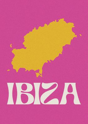 An unframed print of ibiza map travel illustration in pink and yellow accent colour