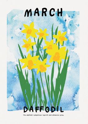 An unframed print of birth month flower series march botanical illustration in blue and yellow accent colour