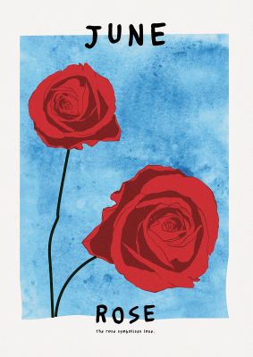 An unframed print of birth month flower series june botanical illustration in blue and red accent colour