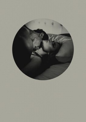 An unframed print of halftone kiss two graphical photograph in grey and black accent colour