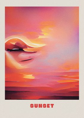 An unframed print of painted sunset one travel illustration in pink and multicolour accent colour