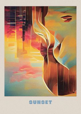 An unframed print of painted sunset four travel illustration in orange and multicolour accent colour