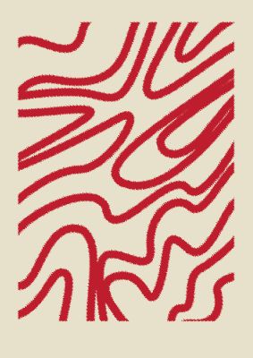 An unframed print of abstract red shaggy line graphical in beige and red accent colour