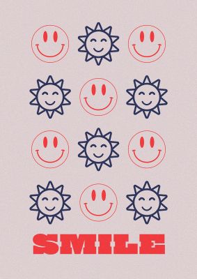 An unframed print of smile flower acid house smiley graphical illustration in lilac and red accent colour