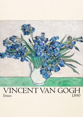 An unframed print of vincent van gogh irises 1890 a famous paintings illustration in blue and beige accent colour