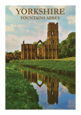 An unframed print of yorkshire fountains abbey travel illustration in green and beige accent colour