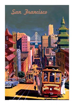 An unframed print of san francisco 2 travel illustration in multicolour and white accent colour