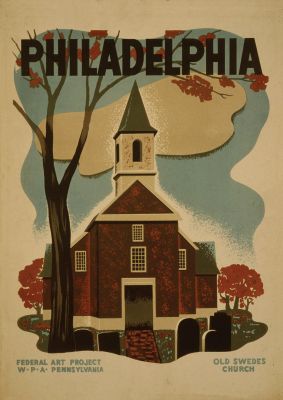 An unframed print of philadelphia travel illustration in brown and beige accent colour