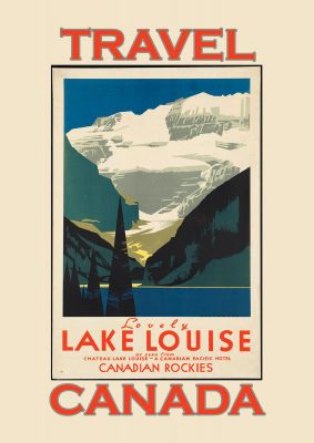 An unframed print of lake louise canadian rockies canada travel illustration in blue and red accent colour