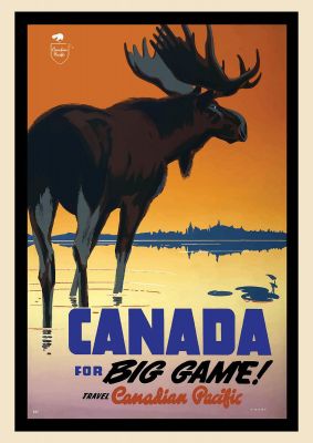 An unframed print of canada 2 big game travel illustration in orange and blue accent colour