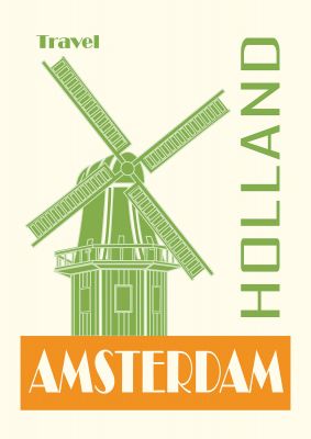 An unframed print of amsterdam holland travel illustration in green and orange accent colour