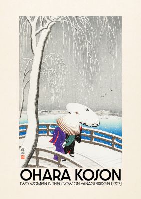 An unframed print of ohara koson two women in the snow on yanagi bridge 1927 a famous paintings illustration in grey and beige colour