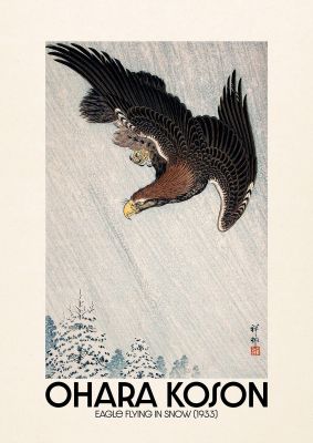 An unframed print of ohara koson eagle flying in snow 1933 a famous paintings illustration in white and black accent colour