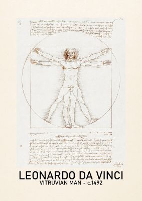 An unframed print of leonardo da vinci vitruvian man 1492 famous paintings graphic in beige and white accent colour