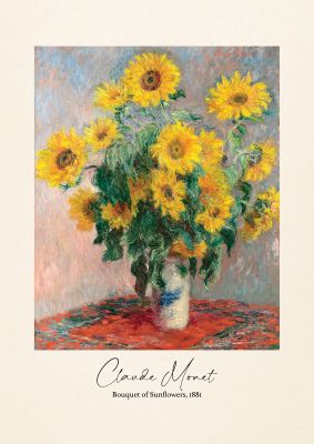 An unframed print of claude monet bouquet of sunflowers 1881 a famous paintings illustration in yellow and beige accent colour