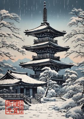 Winter Scene Woodblock Pagoda in Snow